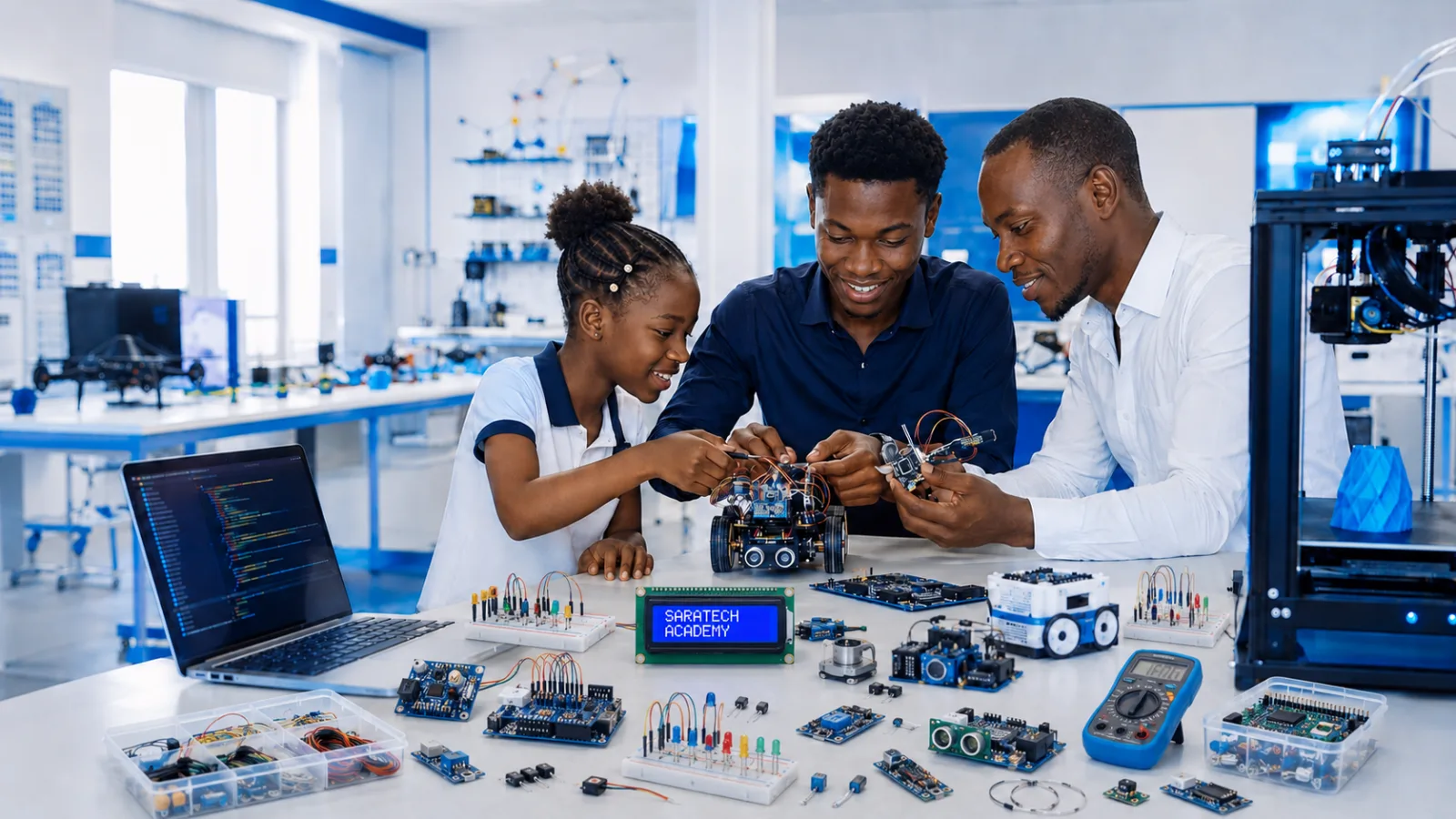Élèves de Saratech Academy assemblant des robots pendant un atelier de robotique