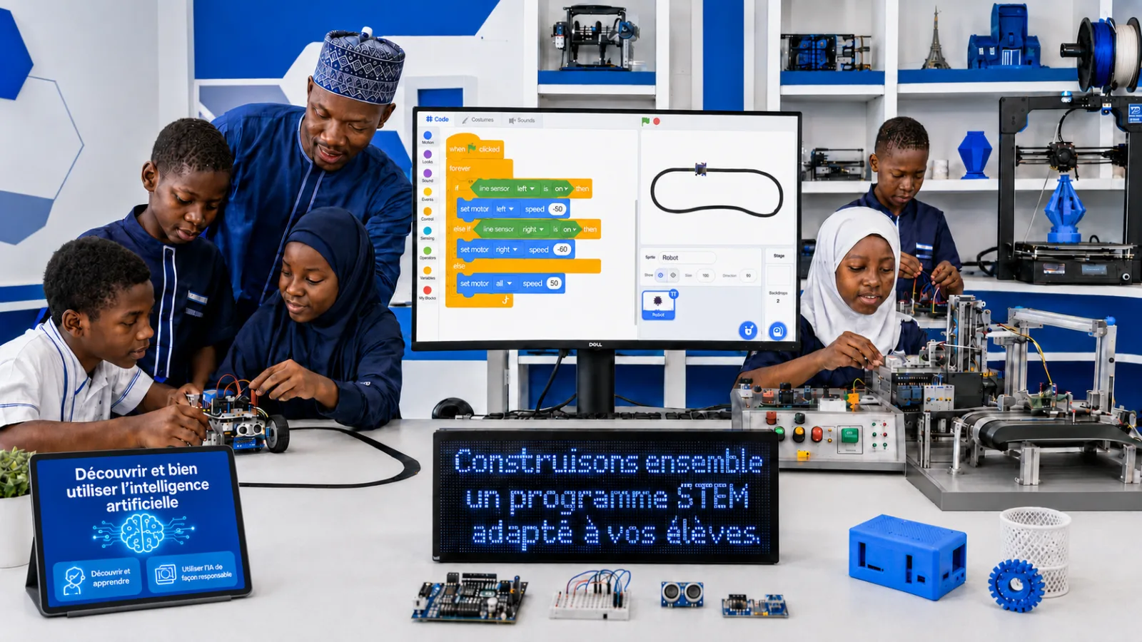 Élèves de Saratech Academy assemblant un robot pendant un atelier de robotique